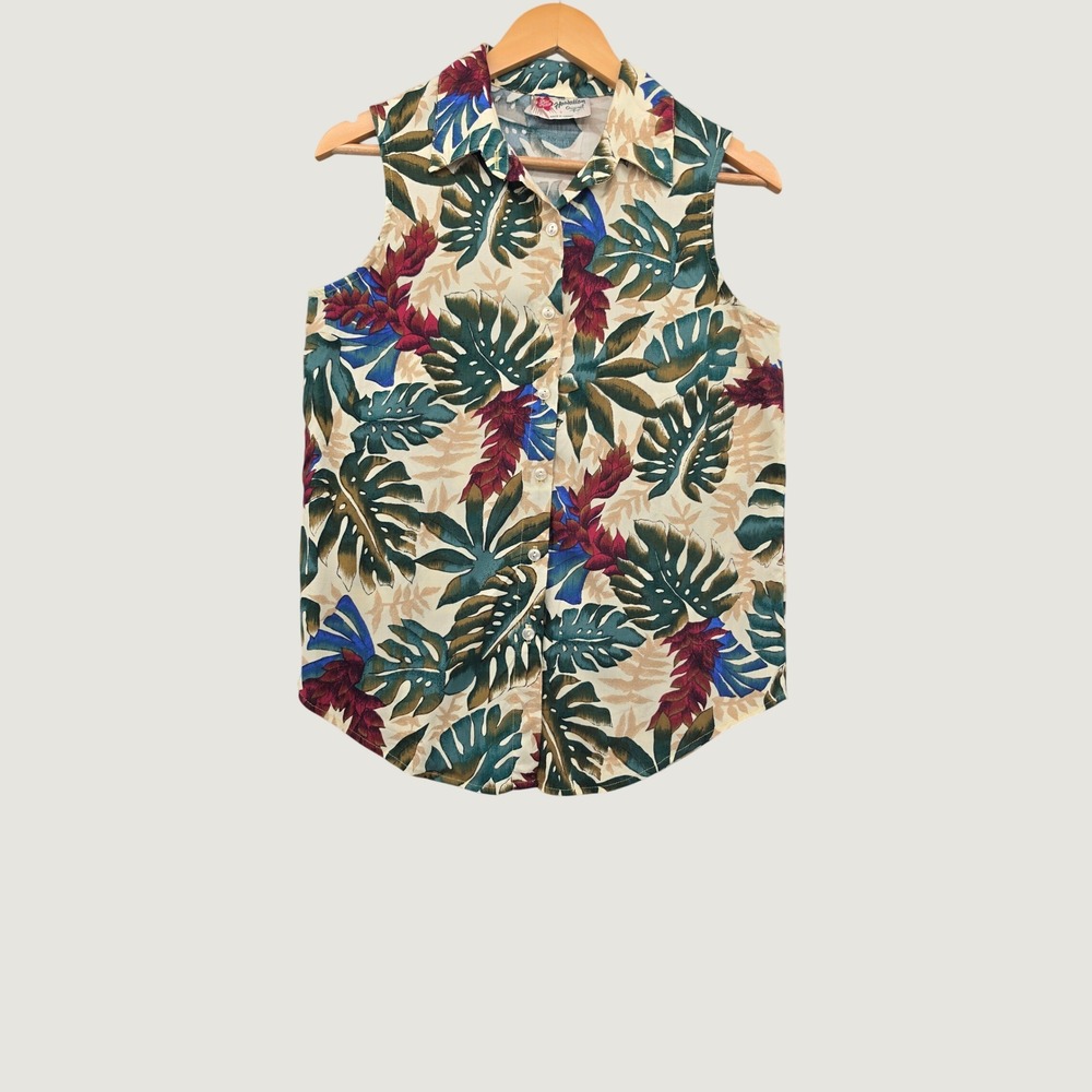 Hilo Hattie Hawaiian Original Sleeveless Tropical Floral Rayon Blouse Small VTG